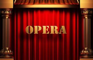 palavra de ópera dourada na cortina vermelha foto