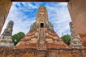 um antigo pagode construído de tijolos destruídos localizados ao ar livre em wat chaiwatthanaram é uma grande atração turística na província de phra nakhon si ayutthaya, tailândia foto