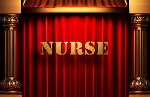 palavra de enfermeira dourada na cortina vermelha foto