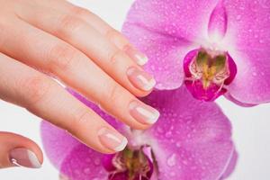 manicure francesa e flor de orquídea foto