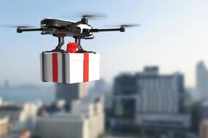 caixas de presente de entrega de drones, robô de entrega autônomo, conceito de transporte aéreo comercial. foto