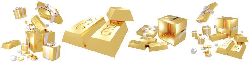 conjunto de renderização 3d de barra de ouro dourada e elementos de presente isolam em fundo branco. ilustração de renderização 3D.