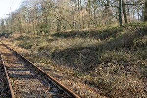 ferrovia velha e rústica com folhas secas e gramíneas durante o outono foto