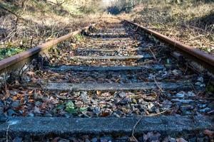 ferrovia velha e rústica com folhas secas e gramíneas durante o outono foto