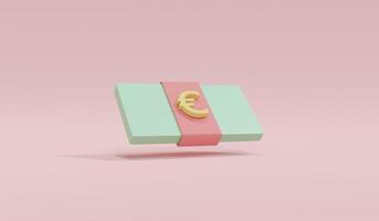 conceito de renderização 3D de finanças de dinheiro de moeda euro. estilo cartoon em pastel do pacote de notas de dinheiro do euro em fundo rosa. renderização 3D. ilustração 3D. foto