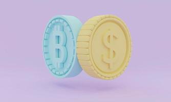 Moeda de renderização 3D com símbolo de bitcoin vs moeda com símbolo de dólar no conceito de fundo roxo de criptomoeda e moeda fiduciária. renderização 3D. ilustração 3D. foto