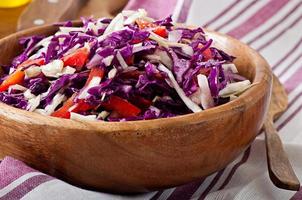 salada de repolho vermelho e branco e pimentão doce, temperada com suco de limão e azeite em tigela de madeira foto