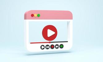 3D render ilustração 3d. mídia de player de vídeo de estilo minimalista com botão play em fundo azul. conceito de reprodução de vídeo foto