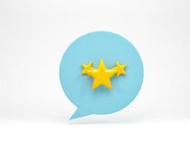 renderização 3D, ilustração 3D. ícone de três estrelas na conversa de bolha do discurso sobre fundo branco. conceito de feedback de classificação do cliente. foto