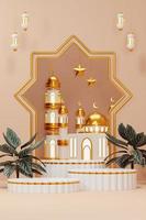 imagem de renderização 3D do fundo de saudação do tema ramadan e eid fitr adha mubarak com objetos de decoração islâmicos