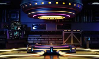 Vitrine de pódio de produtos de ficção científica cyberpunk em nave espacial com fundo amarelo azul roxo e rosa. tecnologia e conceito de objeto. renderização de ilustração 3D foto