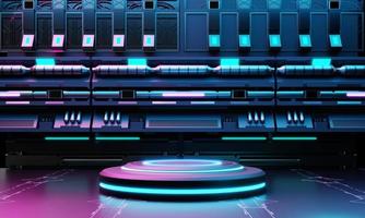 Vitrine de pódio de produtos de ficção científica cyberpunk na base da nave espacial com fundo azul e rosa. tecnologia e conceito de objeto. renderização de ilustração 3D foto