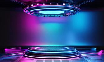 Vitrine de pódio de produtos de ficção científica cyberpunk na sala vazia com fundo azul e rosa. conceito de objeto de tecnologia e entretenimento. renderização de ilustração 3D foto