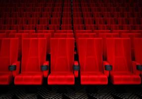 fileiras de assentos de veludo vermelho assistindo filmes no cinema com fundo de banner de espaço de cópia. conceito de entretenimento e teatro. renderização de ilustração 3D foto