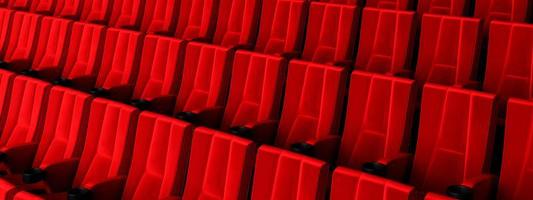 fileiras de assentos de veludo vermelho assistindo filmes no cinema com fundo de banner de espaço de cópia. conceito de entretenimento e teatro. renderização de ilustração 3D foto