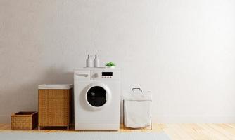 máquina de lavar na cozinha com espaço de cópia. lavanderia e conceito de interiores. renderização de ilustração 3D