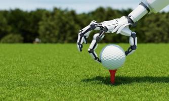 braço de robô colocando bola de golfe no tee como caddy ou jogador com fundo verde fairway. esporte atlético e conceito de tecnologia. renderização de ilustração 3D foto