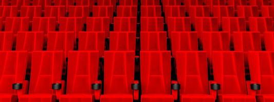 fileiras de assentos de veludo vermelho assistindo filmes no cinema com fundo de banner de espaço de cópia. conceito de entretenimento e teatro. renderização de ilustração 3D foto