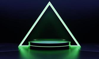 pódio de ficção científica de vitrine de produto moderno com fundo de néon de luz verde brilhante. tecnologia e conceito de objeto. renderização de ilustração 3D foto