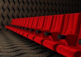 fileiras de assentos de veludo vermelho assistindo filmes no cinema com fundo de banner de espaço de cópia. conceito de entretenimento e teatro. renderização de ilustração 3D foto