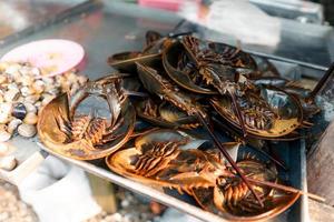 mercado de peixe em krabi, frutos do mar crus em um mercado perto do mar tropical foto