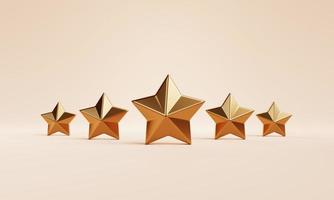 voto de classificação de feedback de cinco estrelas douradas em fundo laranja. conceito de pesquisa de opinião e marketing. renderização de ilustração 3D foto