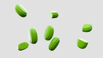 doces duros de menta verde isolados em fundo branco doces de mentol e folhas de hortelã ilustração 3d de manga crua