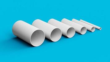 junta de acessórios para tubos de pvc branco, tamanhos diferentes de tubos de pvc isolados em ilustração 3d de fundo azul foto