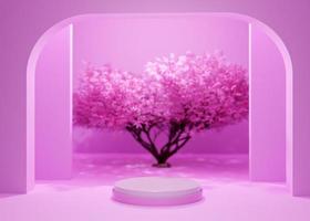 pódio de jardim de natureza rosa realista com um fundo de renderização 3d de apresentação de produto com árvore foto