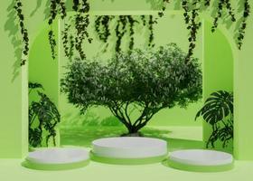 pódio de jardim de natureza verde realista com um fundo de renderização 3d de apresentação de produto com árvore foto