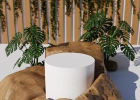 pódio de rocha de natureza realista com um fundo de renderização 3d de apresentação de produto com árvore foto