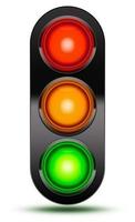 semáforos encontrados em cruzamentos de veículos ou cruzamentos de estradas isolados em branco em sequência vermelho, laranja, verde com cobertura preta. luz de sinal de trânsito com sombra. foto