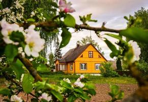 bela casa amarela tradicional na zona rural da Lituânia com belas decorações foto