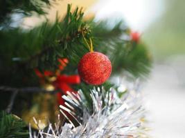 decorações de árvores verdes de natal decoradas têm caixa de presente ouro bola vermelha pendurada pinho, folhas em turva de fundo foto