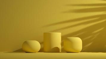 Formas 3D para apresentação de exibição de produtos. pódio de pedestais amarelos modernos com sala vazia com sombra de luz solar através de folhas renderização em 3d
