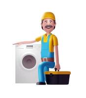 um reparador posando ao lado de uma máquina de lavar. ilustração 3D foto