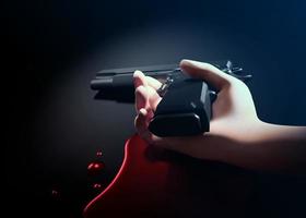 mão de jovem e arma com sangue no chão. ilustração 3D foto