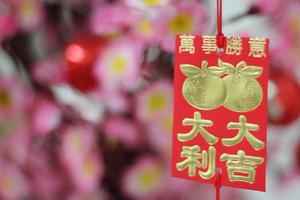 flores de cerejeira rosa com ornamentos chineses em um fundo de café borrado foto