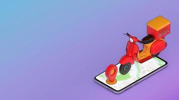 scooter no celular com pinpoint vermelho., conceito de serviço de entrega rápida e compras online., ilustração 3d com traçado de recorte de objeto. foto