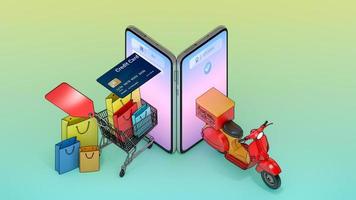 sacolas de papel coloridas e cartão de crédito em um carrinho com scooter apareceram na tela de smartphones., conceito de serviço de entrega rápida e compras on-line., ilustração 3d com traçado de recorte de objeto.