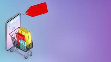 muitas sacolas de compras e etiquetas de preço e cartão de crédito em um carrinho de compras apareceram na tela de smartphones., compras on-line ou conceito viciado em compras, renderização em 3d. foto