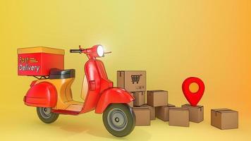muitas caixas de encomendas com scooter., conceito de serviço de entrega rápida e compras online., ilustração 3d com traçado de recorte de objeto. foto