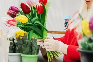 florista de mulher faz buquê de tulipas frescas. mãos seguram flores da primavera. foto
