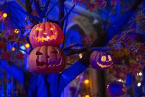 A lanterna de jack de cabeça de abóbora almejada é iluminada e decorada com tema assustador no feriado da noite de halloween. foto