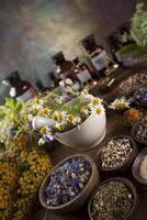 ervas curativas na mesa de madeira, argamassa e fitoterapia foto