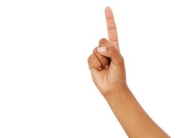 ponto de dedo preto isolado fundo branco. mão afro-americana. mock up, copie o espaço foto