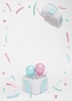Conceito de renderização 3D de revelação de gênero, casamento, aniversário, cartão de convite de festa. Balões azuis e rosa pastel realistas flutuando da caixa de presente em branco com espaço para texto. renderização 3D. ilustração 3D. foto