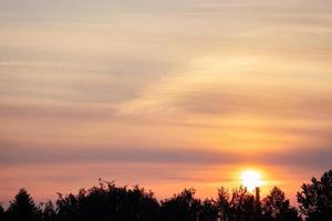 pôr do sol sobre a floresta. nuvens laranja e rosa no céu. silhuetas de árvores. foto