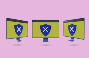 conjunto de ícones de monitor e escudo com cruz, conceito desprotegido de vírus, renderização 3d foto