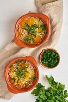 sopa de galinha saudável com legumes e macarrão de arroz, dieta fodmap dash, vista superior